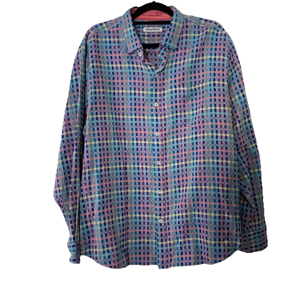 Tommy Bahama Mens XL Button Up Shirt Silk Cotton Multicolor Plaid Spring Easter